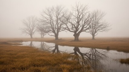 Trees reflected in calm water on a misty day