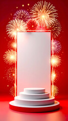 empty podium with new years firework decoration with copy space