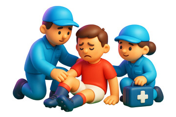 Injured boy helped by two paramedics in blue uniform, cartoon style on white background, concept of medical aid and emergency care, Ai generative