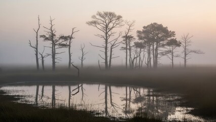 Trees reflected in calm water against foggy sky