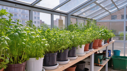 Greenhouse herb garden.