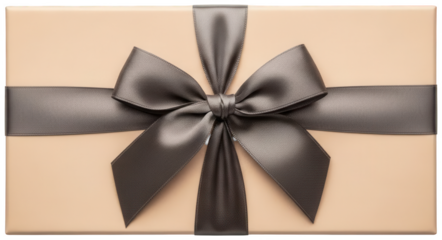 Elegant beige rectangular gift box wrapped with stylish dark charcoal gray satin ribbon and classic bow view from top