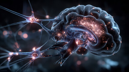 Human brain with highlighted cerebellum and close-up view of Purkinje neurons, one of the commonest types of cells in cerebellar cortex, 3D illustration