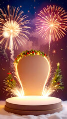 empty podium with new years firework decoration with copy space