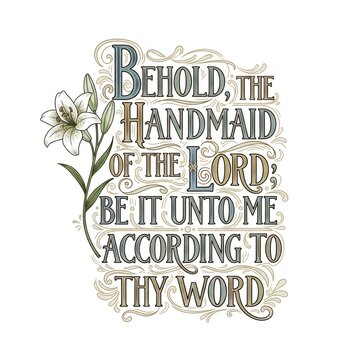 Behold the handmaid of the Lord biblical quote with lily flower. Religious illustration for Christian faith and devotion.