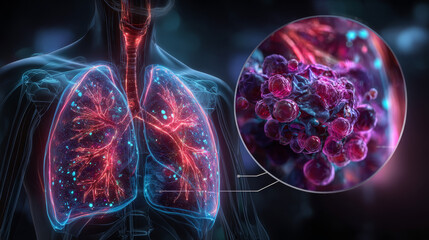 A man with smoker's lungs, 3D illustration along with a photomicrograph image of lungs affected by smoking.