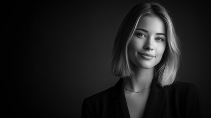 Fototapeta premium Ai woman standing in dark setting, looking at camera with a confident smile, wearing a simple outfit and short hair, during a casual photoshoot