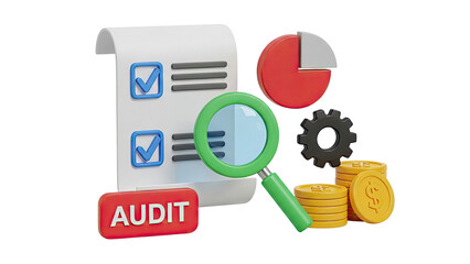Audit Checklist, Magnifying Glass, Pie Chart, and Coins 3D Render