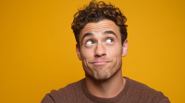 Ai young man making a playful expression against a bright yellow background with curly hair and casual attire