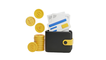 3D Render of Wallet with Coins and Credit Cards