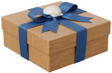 A sophisticated wooden textured gift box tied with a vibrant blue ribbon and a small white scallop shell