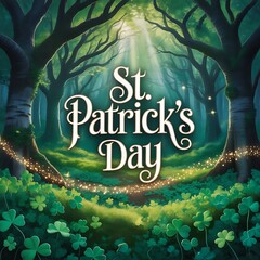 Mystical Forest Scene with St Patricks Day Text and Shamrocks