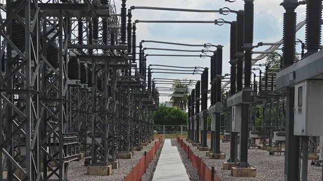 Cinematic B-roll of high voltage electrical substation switchyard with industrial power grid equipment.
