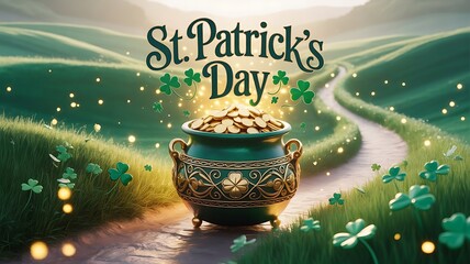 Ornate Pot Filled with Gold Coins on a Path Surrounded by Green Clovers