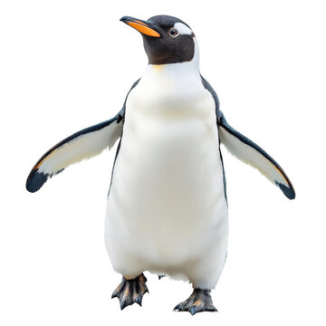 A penguin standing on a transparent background with its wings spread wide