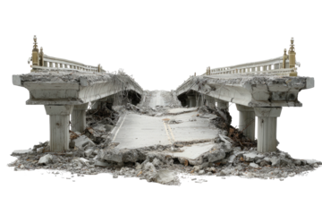 Severely damaged bridge, broken concrete sections and rubble against a stark black background