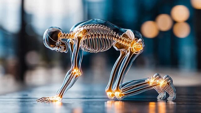 Illuminated Human Skeleton Model Crawling on Reflective Surface with Blurred City Lights Background, Artistic Close-Up View