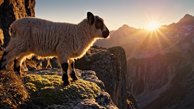 A vulnerable young lamb stands alone on a very narrow, moss-covered rock ledge overlooking a dizzying precipice at golden hour dramatic, risk, concept