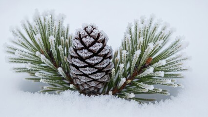 Close up shot of pine cone and needles on white snow