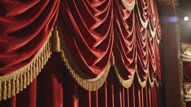 Luxurious Red Stage Curtains with Golden Fringing and Drapes, Adding Drama and Elegance to a Theater