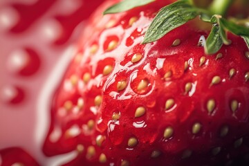 A vibrant strawberry with a glossy, red surface and green leaves, set against a blurred pink background.