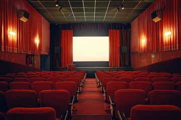 Rows of red seats facing a bright screen in an empty cinema, creating an anticipation for the upcoming movie