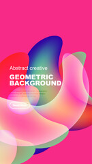 Fototapeta premium Vibrant abstract shapes overlap black background. Text promotes geometric design, includes call to action button.