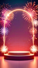 empty podium with new years firework decoration with copy space