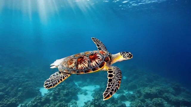 A majestic sea turtle swims serenely above a vibrant coral reef in clear blue ocean water, sunlight filtering down.