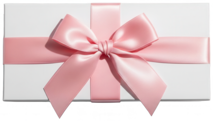 A pristine white gift box adorned with a delicate pink ribbon and bow, presented on a transparent background