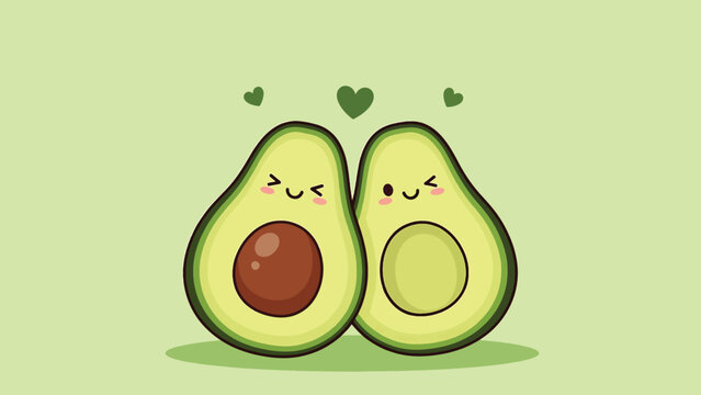 Cute cartoon avocado couple illustration with happy faces and hearts.