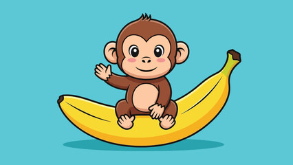 Cute cartoon baby monkey sitting on a yellow banana and waving hello. © Caroline Studio