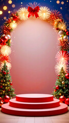 empty podium with new years firework decoration with copy space
