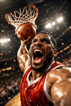 Close-up of a basketball player soaring for a game-winning dunk in dramatic arena lighting