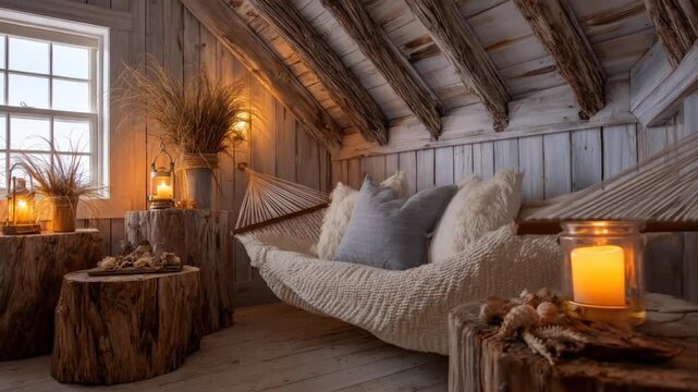 Cozy, rustic interior with a hammock, candles, and wooden beams. Natural light and textures create warm ambiance