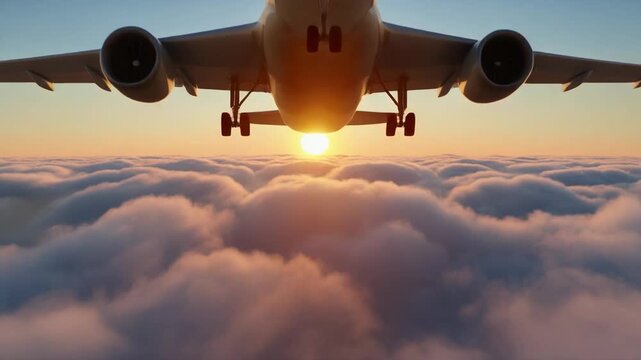 Airplane flying above clouds during sunrise or sunset, capturing a serene moment of travel and adventure