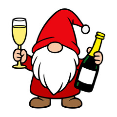 Tiempo de Navidad. Dibujo sencillo con líneas de un gnomo de Santa Claus de pie con una botella de champán y una copa de champán haciendo un brindis, para tarjetas y felicitaciones de Navidad  © teracreonte