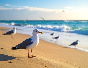 Obraz premium Sunny beach scene with multiple gulls on the sandy shore and gentle waves, clear blue sky in background