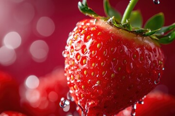 A vibrant red strawberry, glistening with water droplets, rests on a bed of green leaves against a backdrop of soft pink bokeh lights.