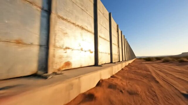 Drone&acirc;&euro;TMs Exciting Flight Alongside the US Border Wall Against Stunning Desert Landscape During Golden Hour