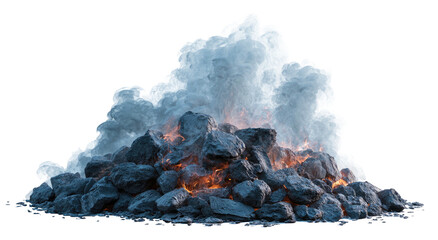 Animated pile of dark gray rocks, with internal fire and surrounding gray smoke rising