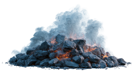 Animated pile of dark gray rocks, with internal fire and surrounding gray smoke rising