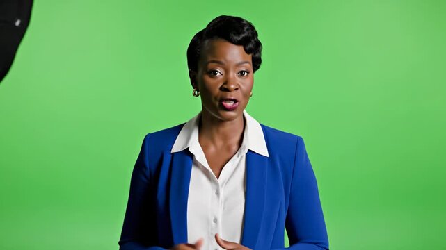 Businesswoman speaking in front of green screen studio background