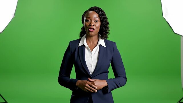 Businesswoman standing confidently in front of green screen background, hands clasped, for promotional or interview setting