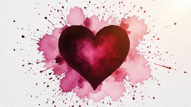 A vibrant watercolor heart animation with pink and red splatters on a white background, conveying a playful and romantic mood with artistic brushstrokes.