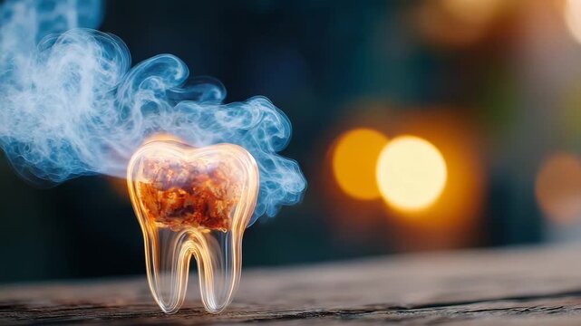 Tooth decay concept with smoking effect on wooden surface