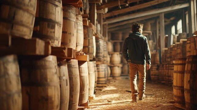 A man walks calmly near rows of wooden barrels in a spacious warehouse filled with warm golden light. The atmosphere feels serene, inviting exploration of this unique space.