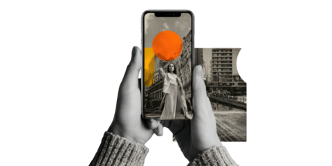 A grayscale image shows hands holding a phone with a city scene and an orange graphic
