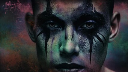 Close-up of a man's face with colorful, tribal-like makeup, intense eyes, dark and vibrant background, possibly for a creative or Halloween-themed project