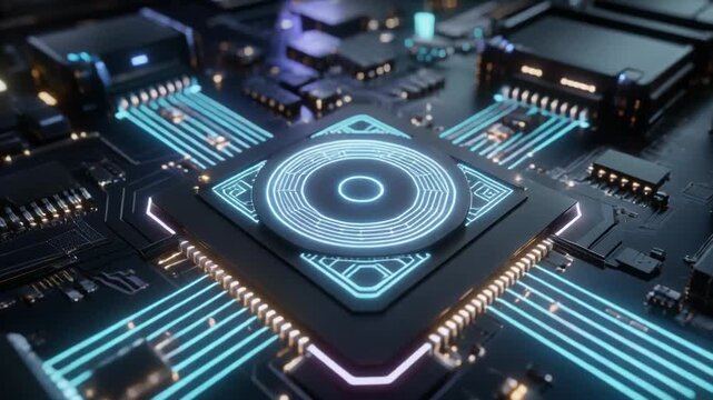 Close-up of a futuristic microchip with glowing circuits on a computer motherboard in a dark background, highlighting technology and innovation